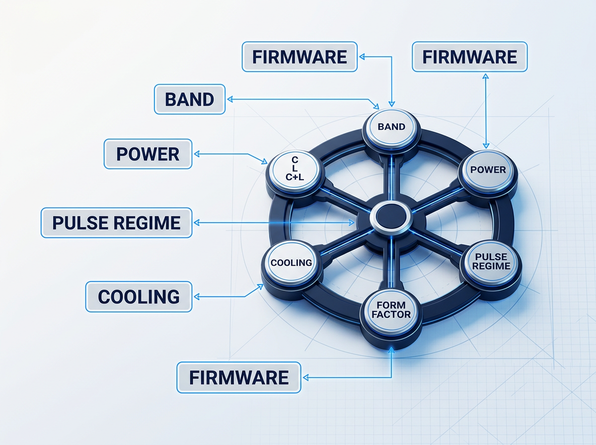 Technical configuration matrix with six labeled nodes—Band, Power, Pulse Regime, Cooling, Form Factor, Firmware—arranged around a central hub connected by electric blue lines on a light technical background.