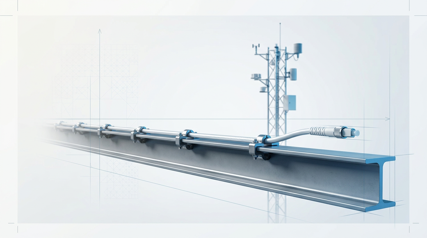 Fibre-optic cable secured with metal clamps along a steel pipeline, with an atmospheric sensing tower visible in soft focus in the background on a technical grid background.