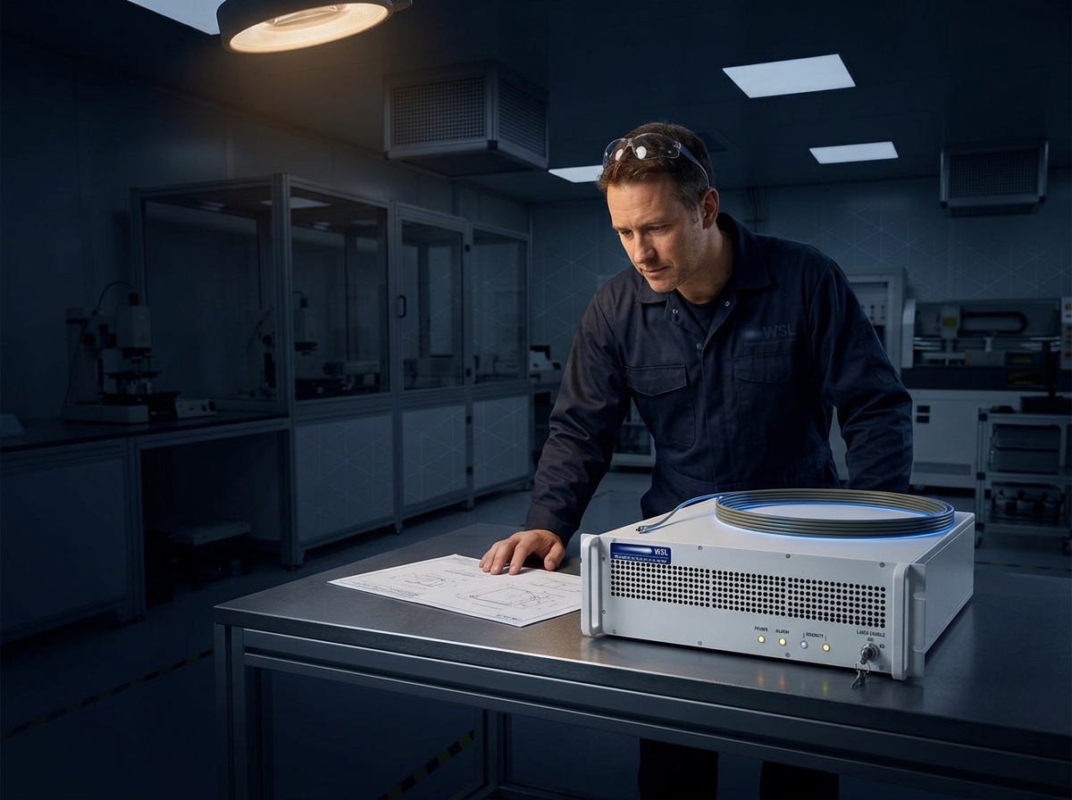 WSL engineer in dark navy coveralls reviewing technical specification document at precision workbench alongside completed EDFA unit with blue WSL logo, warm task lighting illuminating focused work environment.