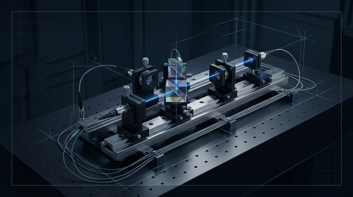Laboratory optical bench with precision-mounted beam splitters, fibre-coupled components, and metallic optical rails under directional lighting, representing quantum photonics instrumentation at telecom wavelengths.
