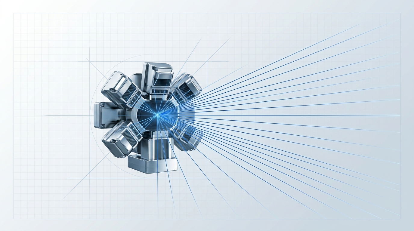 Precision-engineered LiDAR sensor array with multiple metallic sensor heads arranged geometrically, radiating thin electric blue infrared beam lines outward in a cone pattern against a light technical gradient background.