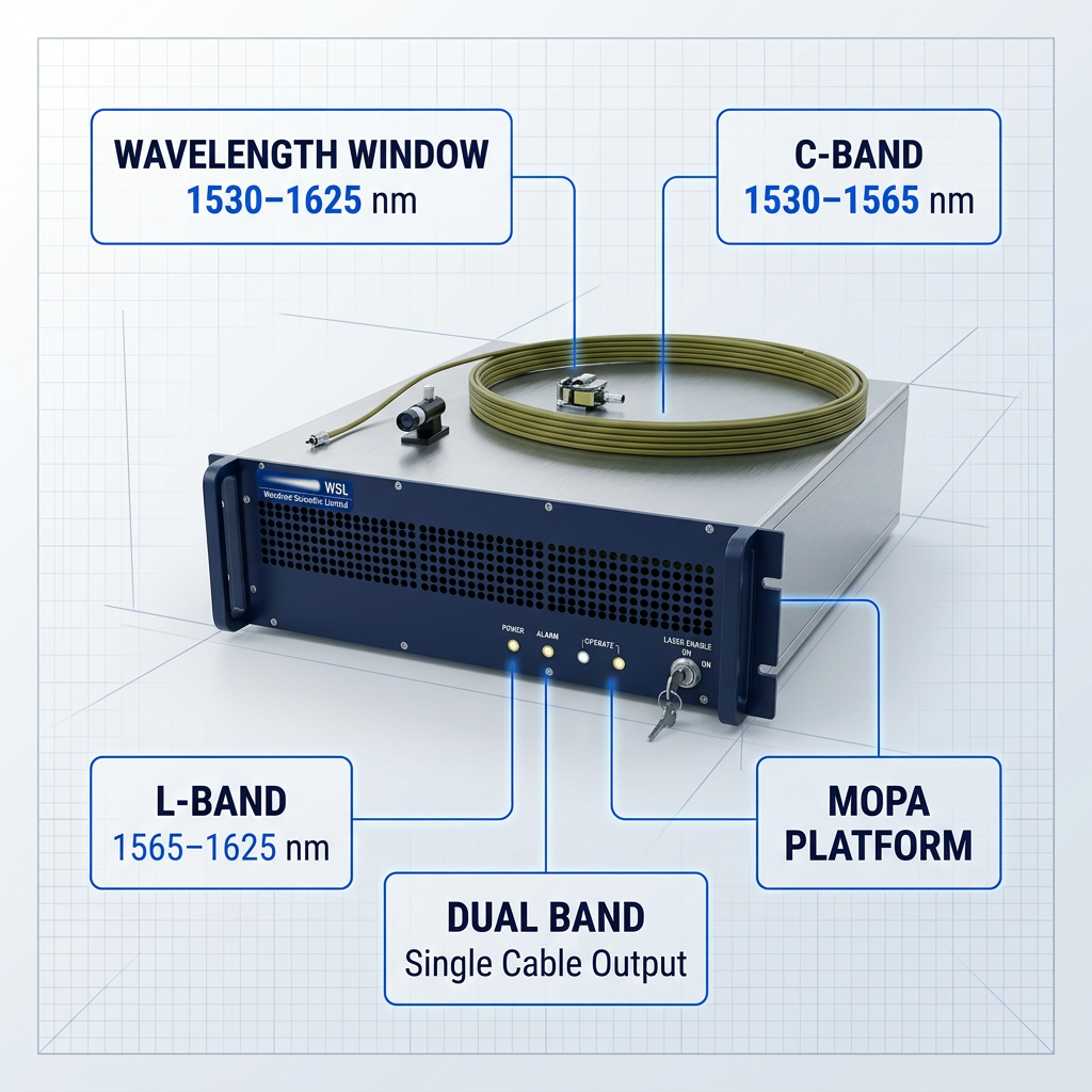 Erbium-doped fibre amplifier unit on light technical background with spectral coverage labels: wavelength window 1530–1625 nm, C-band 1530–1565 nm, L-band 1565–1625 nm, MOPA platform, dual band single cable output.