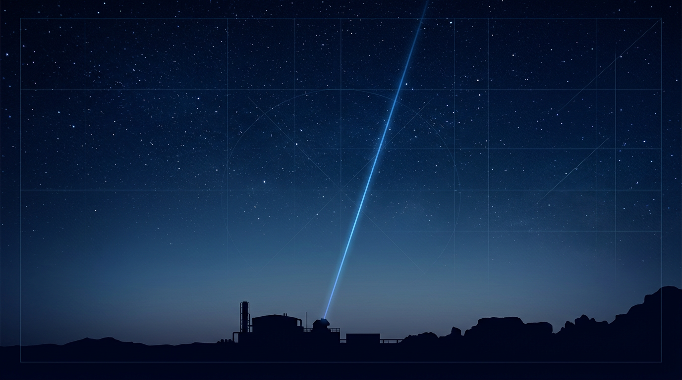 Deep-blue night sky with starfield transitioning to dark terrestrial foreground, electric blue laser beam rising from ground toward cosmos with faint geometric grid overlay suggesting technical precision.