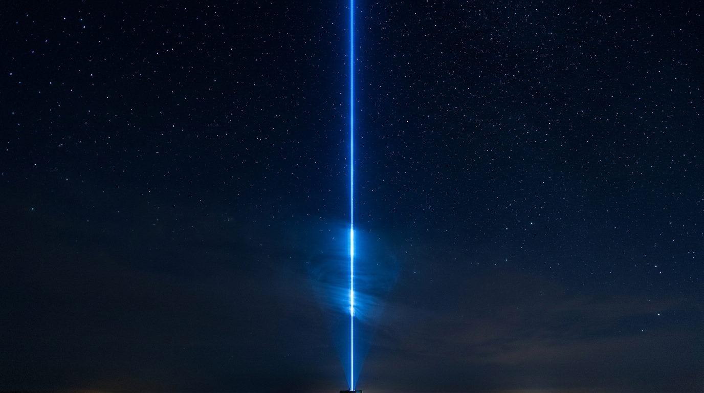 Night sky with stars and a focused electric blue laser beam traveling upward from ground level into space, evoking free-space optical satellite communications.