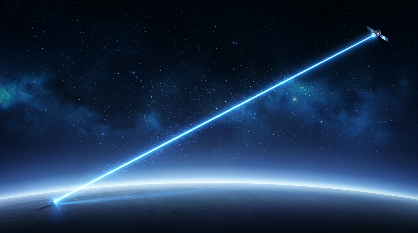 Deep space transitioning to Earth's atmosphere with a bright electric blue laser beam traveling diagonally from ground to satellite, demonstrating free space optical communications precision.