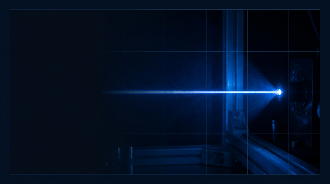 Dark atmospheric background with electric blue laser beam traveling through deep navy space, suggesting advanced photonics technology with subtle geometric grid lines and metallic surfaces catching the light.