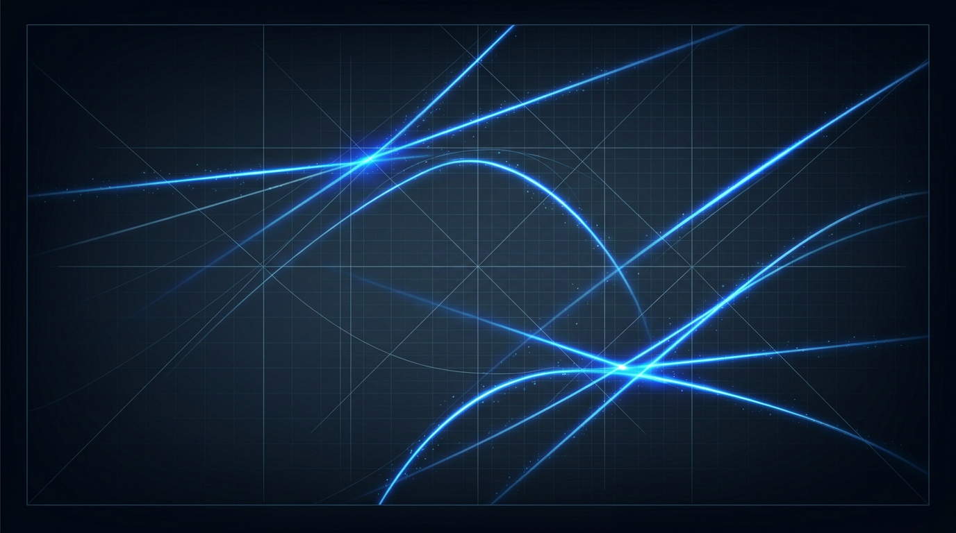 Abstract dark field with glowing electric blue light beams and optical fibres traversing at various angles, representing laser communications and photonics technology.