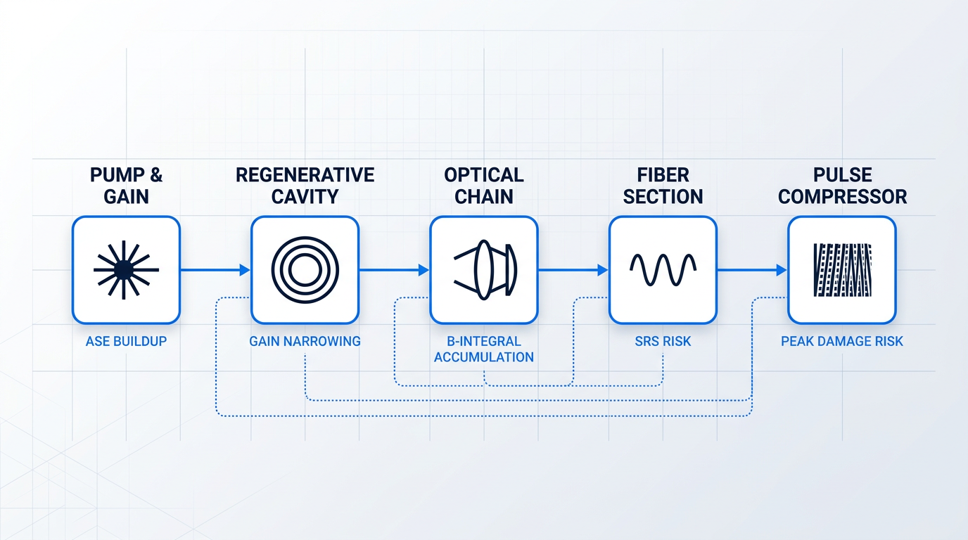 Five-stage ultrafast amplifier chain flow diagram showing ASE buildup in pump and gain medium, gain narrowing in regenerative cavity, B-integral accumulation across optical elements, SRS risk in fiber section, and peak damage risk at pulse compressor.