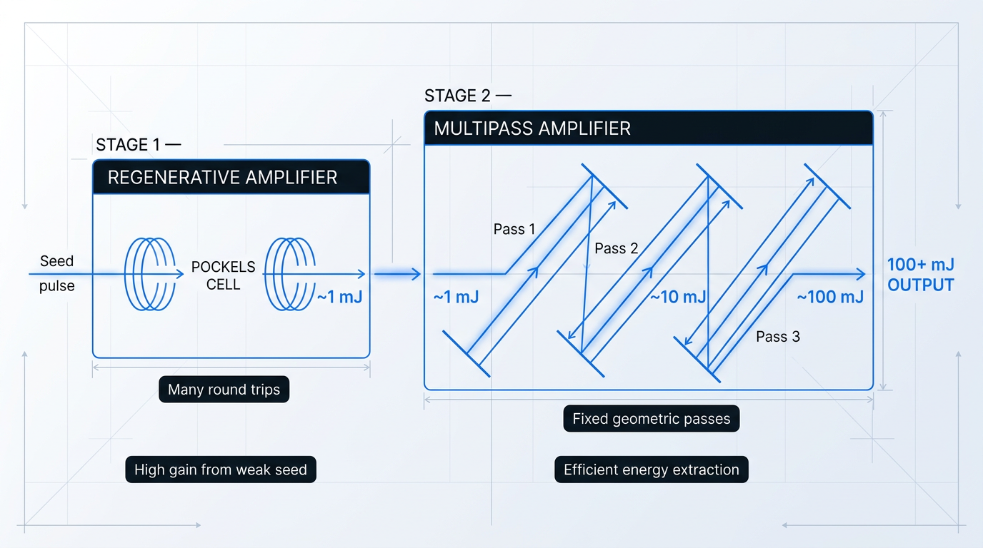 Process flow diagram of amplifier chain showing regenerative amplifier stage with Pockels cell and multiple round trips producing ~1 mJ output, connected to multipass amplifier with three geometric passes reaching 100+ mJ final output.