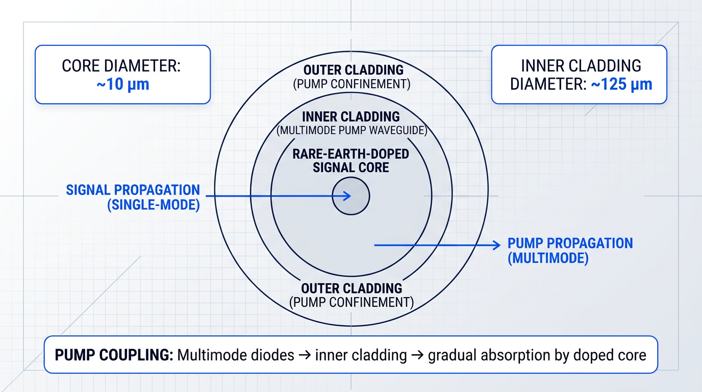 Cross-sectional schematic of double-clad fibre showing rare-earth-doped signal core at centre, multimode pump waveguide inner cladding, and outer pump confinement cladding, with signal and pump propagation paths marked.