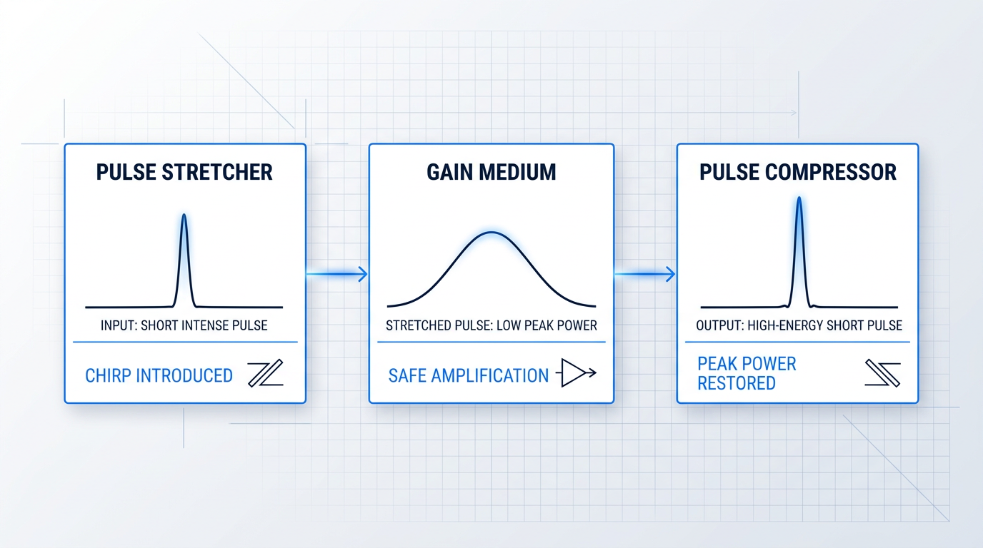 Three-stage CPA process flow showing pulse stretcher input (narrow intense pulse), gain medium amplification (stretched low-intensity pulse), and pulse compressor output (recompressed high-energy pulse) with waveform shapes illustrating energy conservation and temporal stretching.
