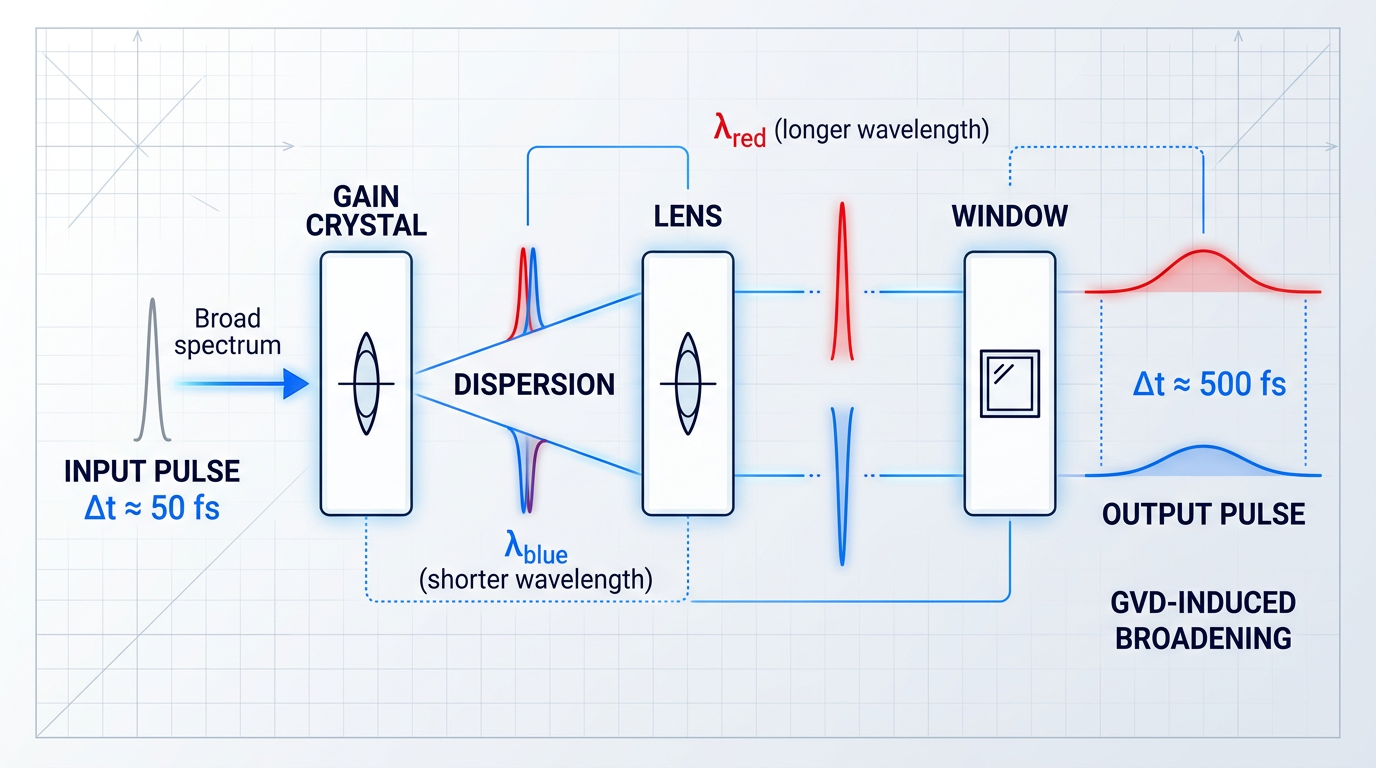 Process flow diagram showing an ultrashort optical pulse broadening through sequential optical elements as red and blue spectral components separate in time due to chromatic dispersion, from 50 fs input to 500 fs output.