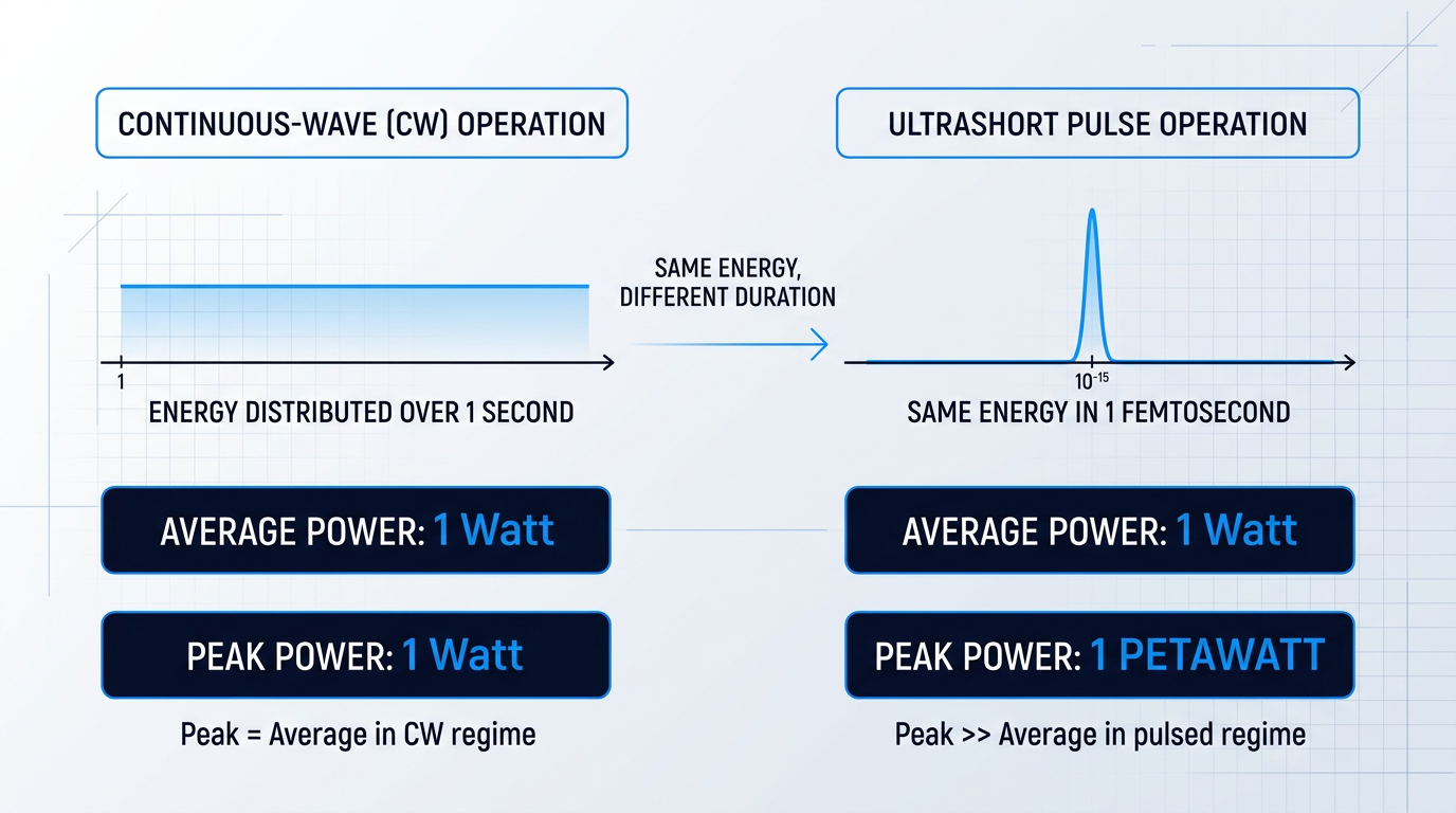 Two-column comparison of continuous-wave versus ultrashort pulse operation: left side shows steady 1-watt power over 1 second; right side shows identical energy compressed into a femtosecond pulse reaching petawatt peak power.