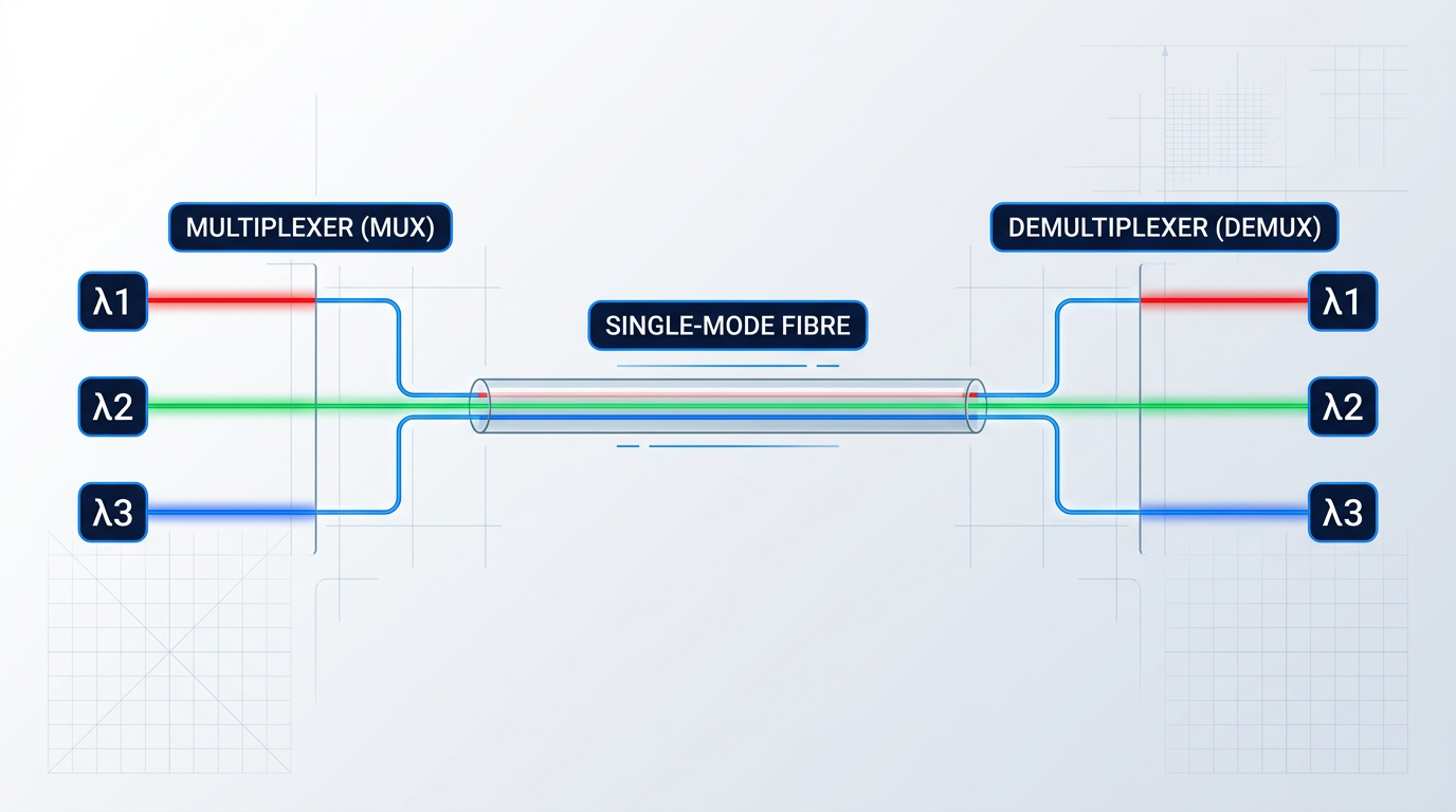Flow diagram showing wavelength division multiplexing: three coloured optical beams (red λ1, green λ2, blue λ3) entering a multiplexer on the left, combining onto a single-mode fibre in the centre, then separating through a demultiplexer on the right back into three individual wavelength channels.