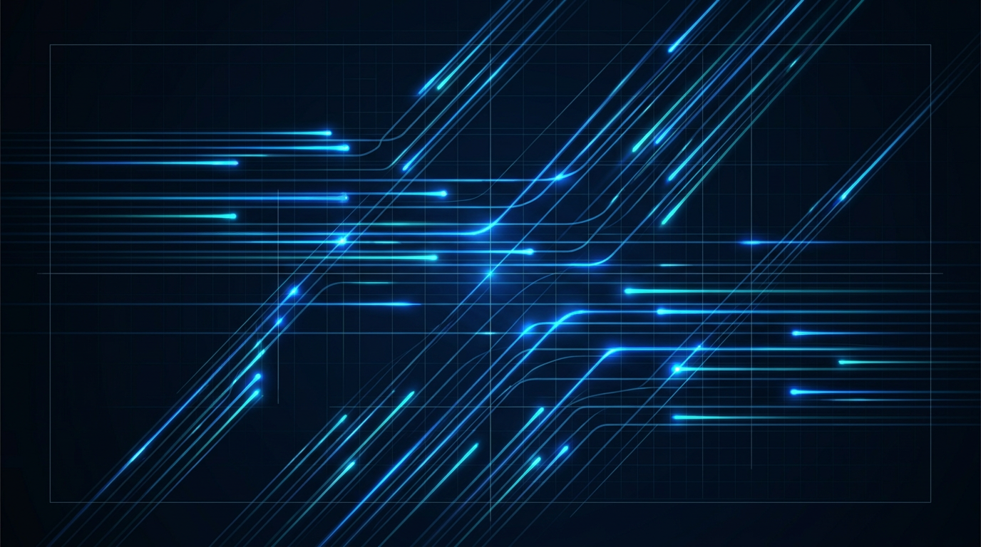 Abstract glowing light signals in electric blue traveling through luminous fiber strands against a dark navy and black gradient, suggesting wavelength division multiplexing data transmission channels.