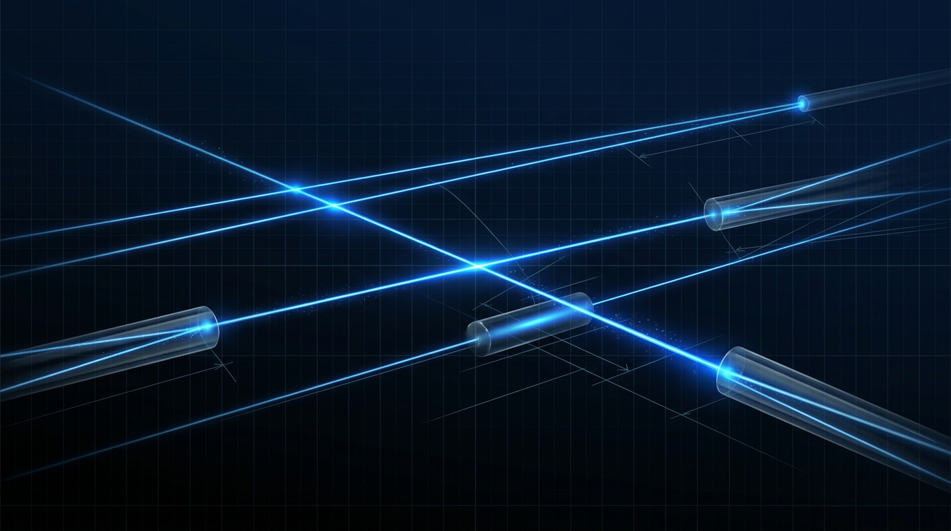 Deep dark optical environment with electric blue coherent light beams propagating through space and glass fiber, showing wavelength division multiplexing at beam intersection points with glow and particle effects.