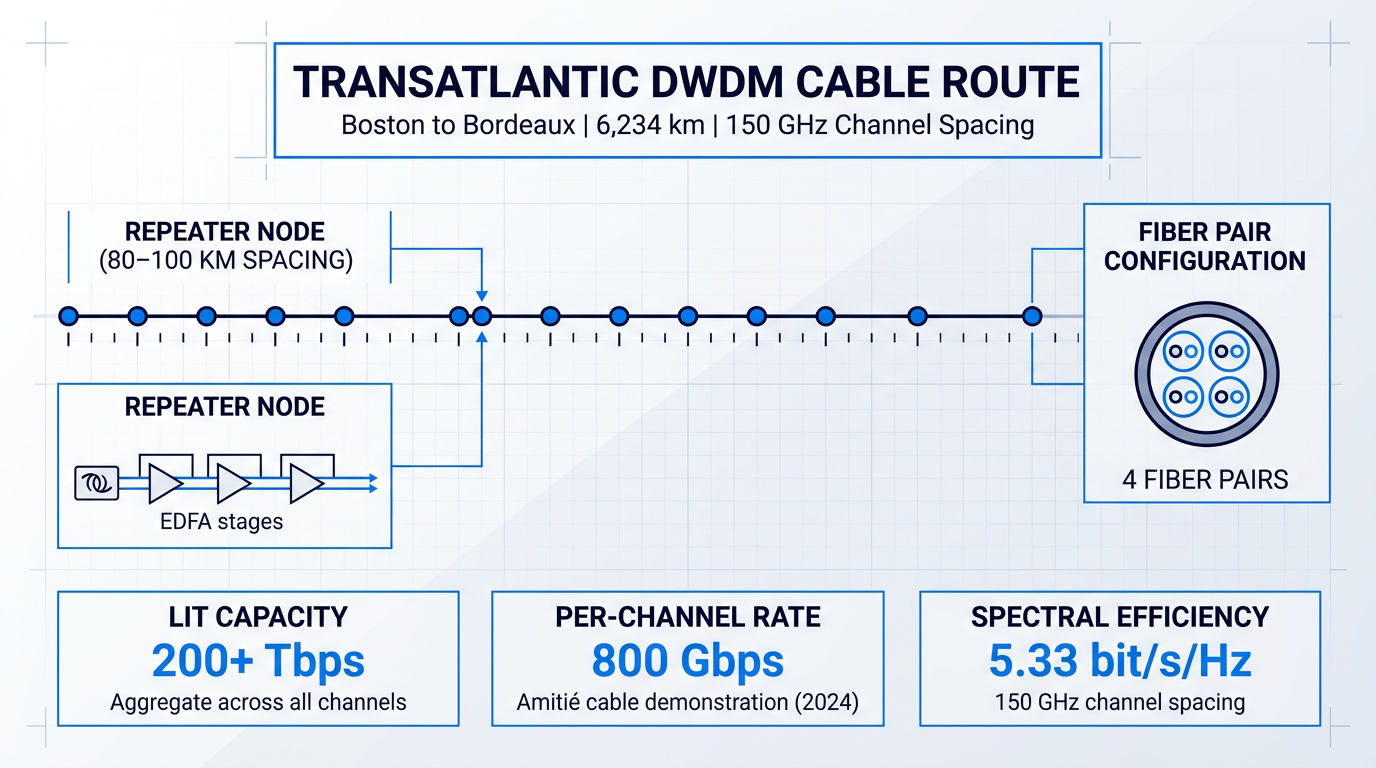 Transatlantic DWDM submarine cable route diagram showing 6,234 km Boston-to-Bordeaux path with repeater nodes spaced at 80–100 km intervals, fiber pair cross-section detail, and capacity metrics: 200+ Tbps aggregate capacity, 800 Gbps per-channel rate, 5.33 bit/s/Hz spectral efficiency.